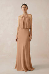 Halter Sheath Ruffled Chiffon Bridesmaid Dress in Bronzer - KissProm Bridesmaid Dresses