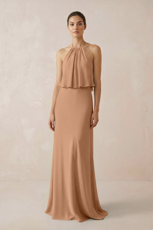 Halter Sheath Ruffled Chiffon Bridesmaid Dress in Bronzer - KissProm Bridesmaid Dresses