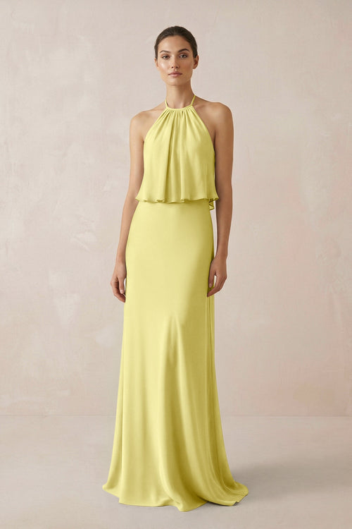 Halter Sheath Ruffled Chiffon Bridesmaid Dress in Buttercup - KissProm Bridesmaid Dresses