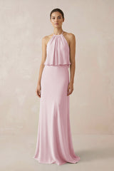 Halter Sheath Ruffled Chiffon Bridesmaid Dress in Candy Pink - KissProm Bridesmaid Dresses