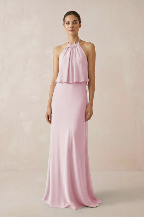 Halter Sheath Ruffled Chiffon Bridesmaid Dress in Candy Pink - KissProm Bridesmaid Dresses