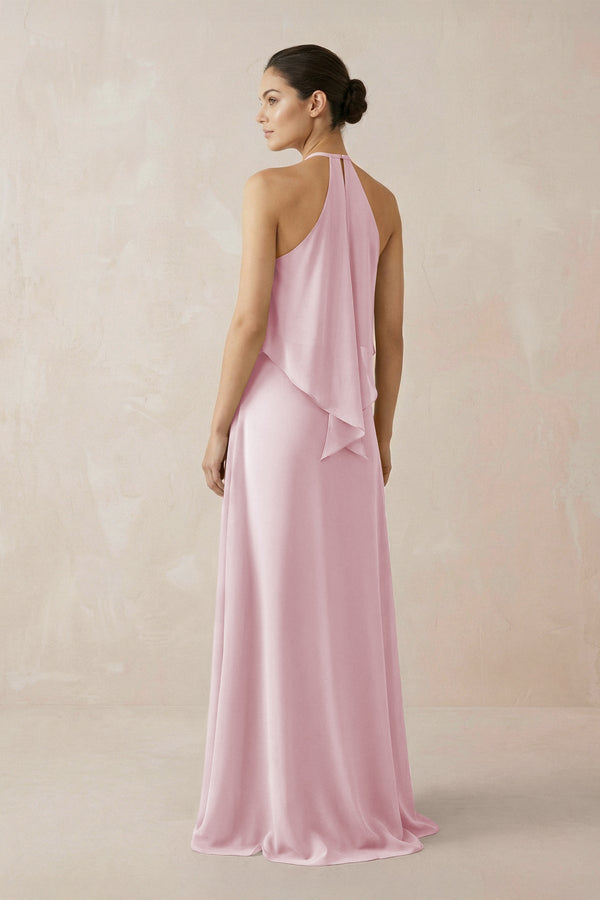 Halter Sheath Ruffled Chiffon Bridesmaid Dress in Candy Pink - KissProm Bridesmaid Dresses
