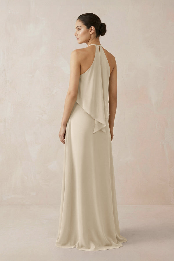 Halter Sheath Ruffled Chiffon Bridesmaid Dress in Champagne - KissProm Bridesmaid Dresses