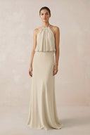 Halter Sheath Ruffled Chiffon Bridesmaid Dress in Champagne - KissProm Bridesmaid Dresses