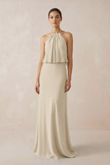 Halter Sheath Ruffled Chiffon Bridesmaid Dress in Champagne - KissProm Bridesmaid Dresses