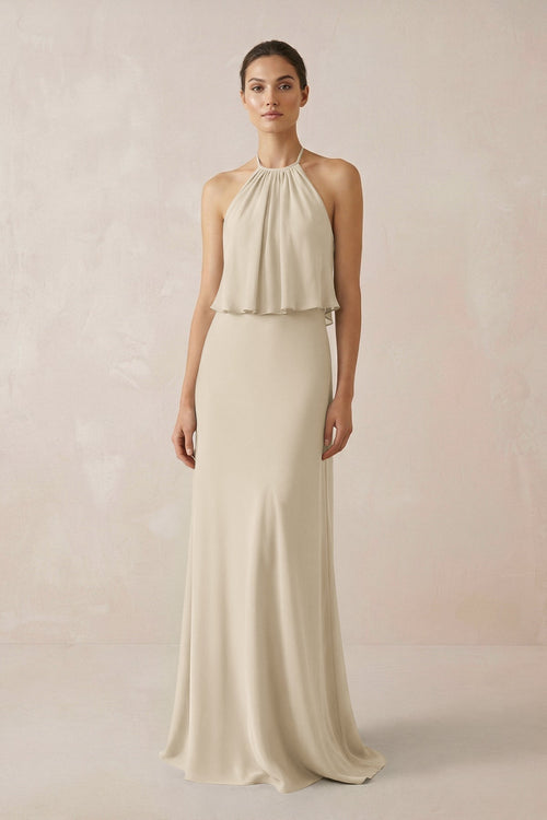 Halter Sheath Ruffled Chiffon Bridesmaid Dress in Champagne - KissProm Bridesmaid Dresses