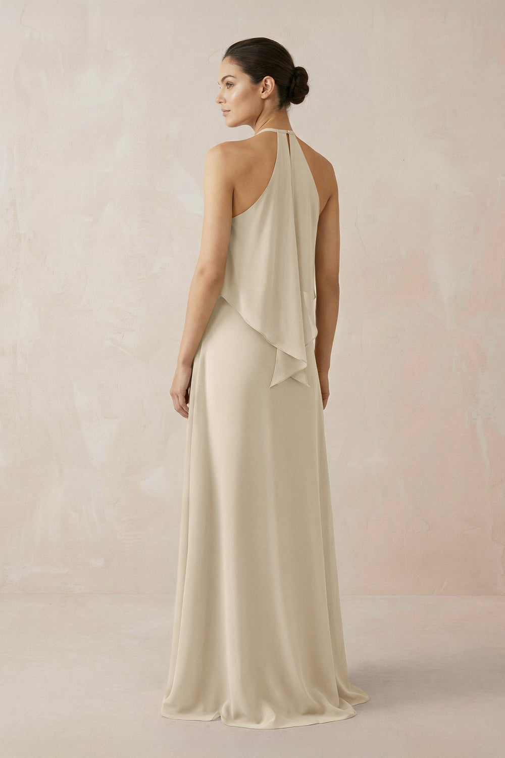Halter Sheath Ruffled Chiffon Bridesmaid Dress in Champagne - KissProm Bridesmaid Dresses