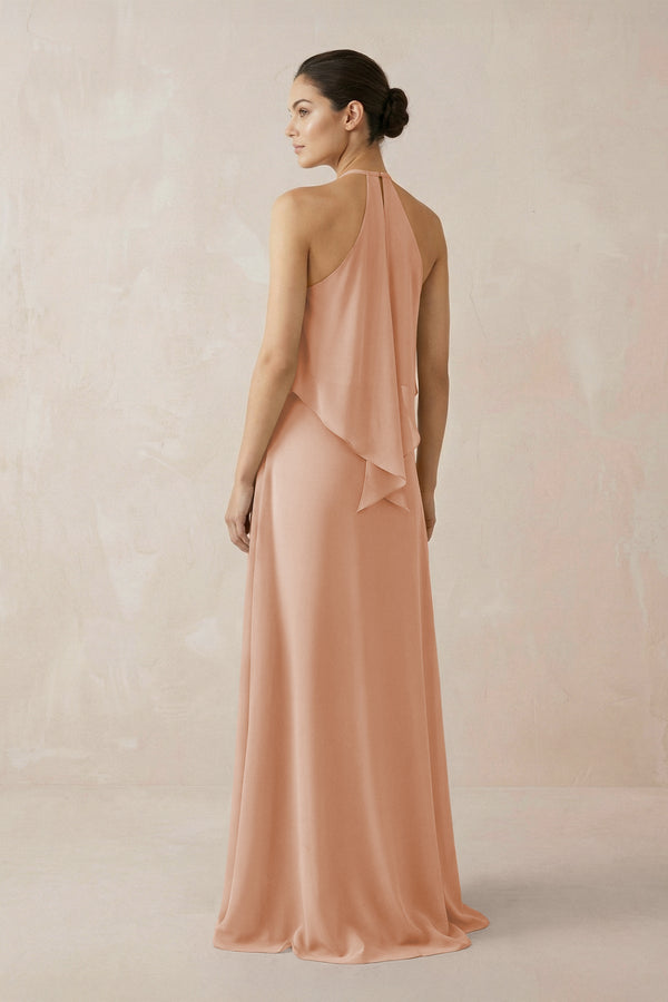 Halter Sheath Ruffled Chiffon Bridesmaid Dress in Champagne Rose - KissProm Bridesmaid Dresses