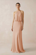 Halter Sheath Ruffled Chiffon Bridesmaid Dress in Champagne Rose - KissProm Bridesmaid Dresses