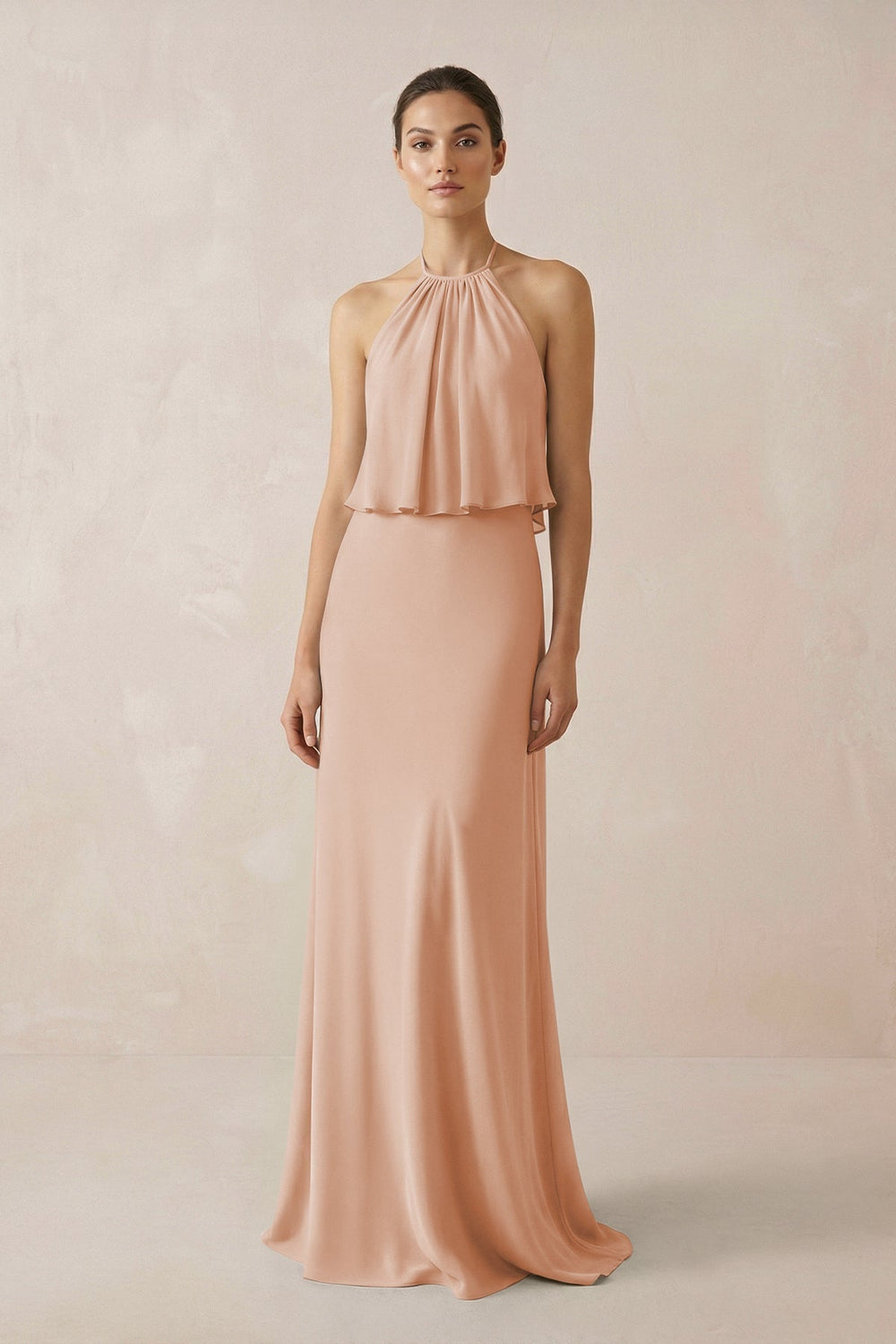 Halter Sheath Ruffled Chiffon Bridesmaid Dress in Champagne Rose - KissProm Bridesmaid Dresses