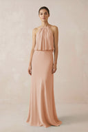Halter Sheath Ruffled Chiffon Bridesmaid Dress in Champagne Rose - KissProm Bridesmaid Dresses
