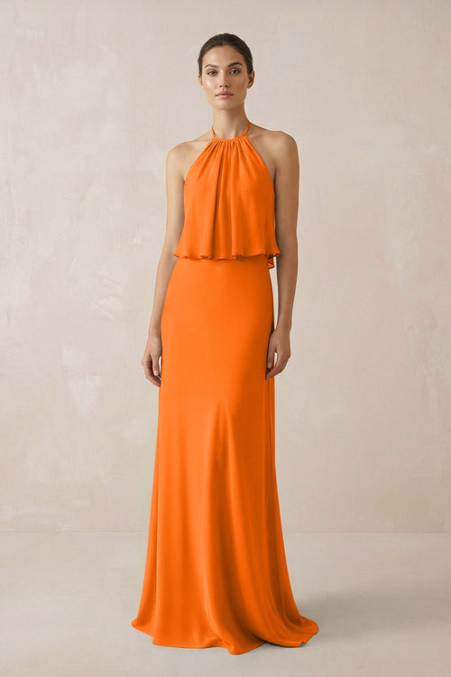 Halter Sheath Ruffled Chiffon Bridesmaid Dress in Cinnamon - KissProm Bridesmaid Dresses