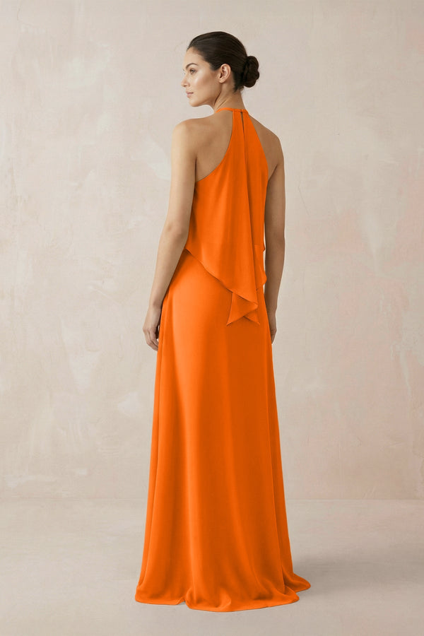 Halter Sheath Ruffled Chiffon Bridesmaid Dress in Cinnamon - KissProm Bridesmaid Dresses