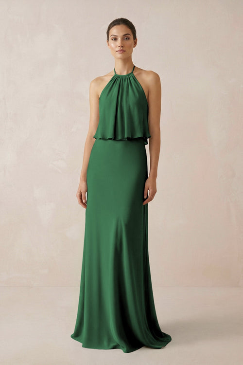 Halter Sheath Ruffled Chiffon Bridesmaid Dress in Dark Green - KissProm Bridesmaid Dresses