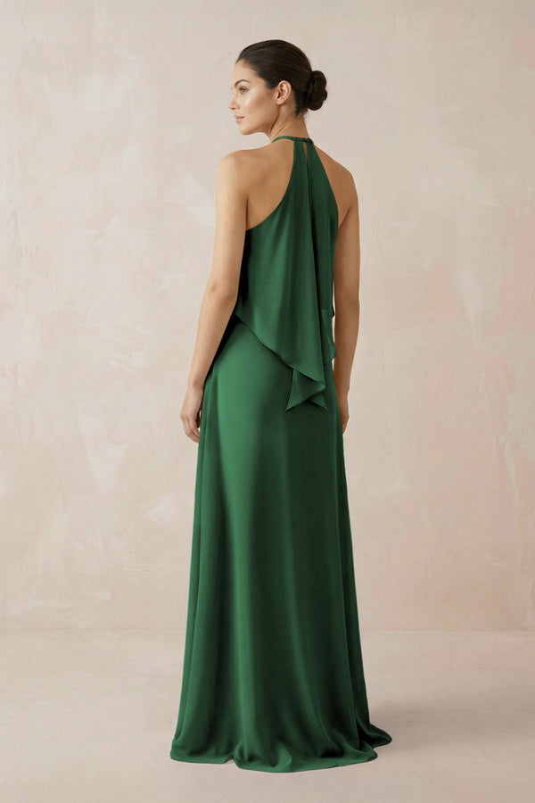 Halter Sheath Ruffled Chiffon Bridesmaid Dress in Dark Green - KissProm Bridesmaid Dresses