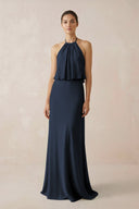 Halter Sheath Ruffled Chiffon Bridesmaid Dress in Dark Navy - KissProm Bridesmaid Dresses