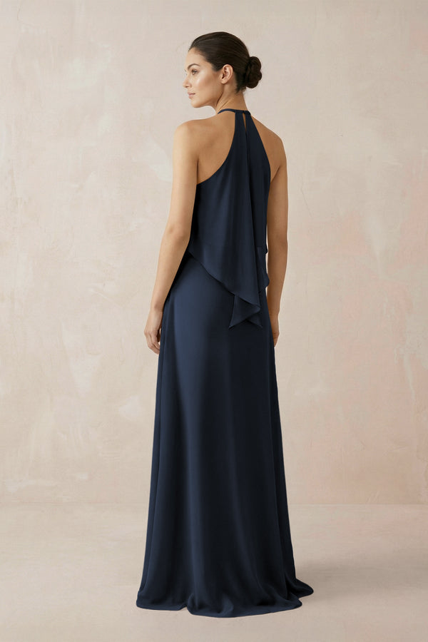Halter Sheath Ruffled Chiffon Bridesmaid Dress in Dark Navy - KissProm Bridesmaid Dresses