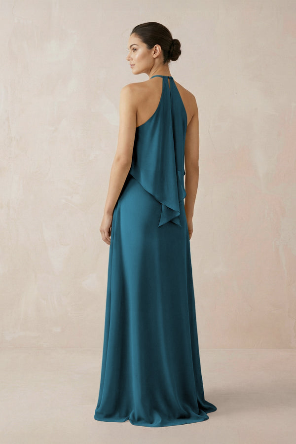 Halter Sheath Ruffled Chiffon Bridesmaid Dress in Dark Teal - KissProm Bridesmaid Dresses