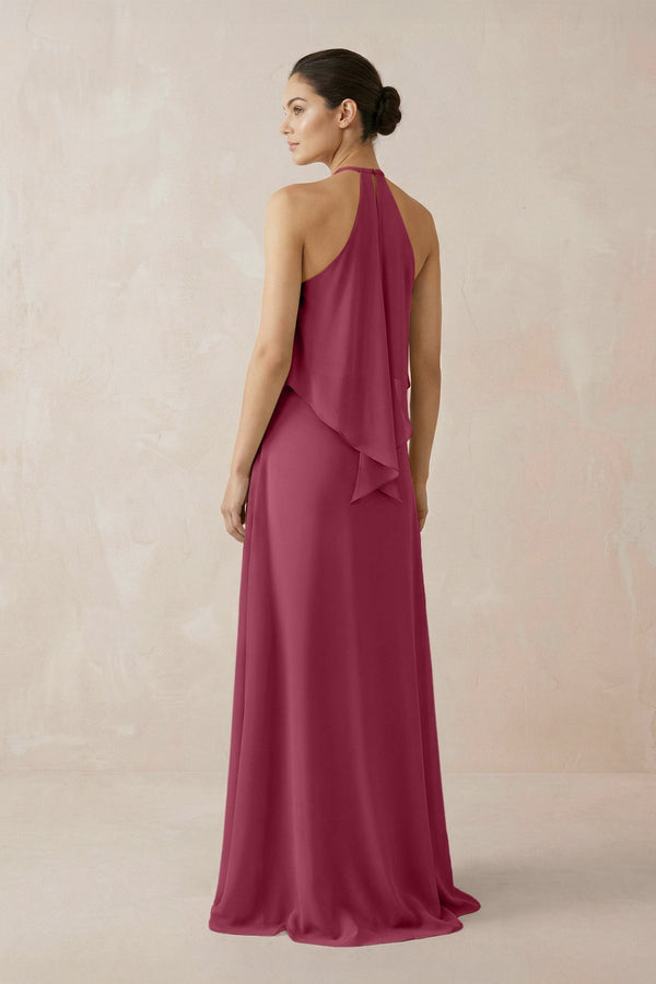 Halter Sheath Ruffled Chiffon Bridesmaid Dress in Desert Rose - KissProm Bridesmaid Dresses