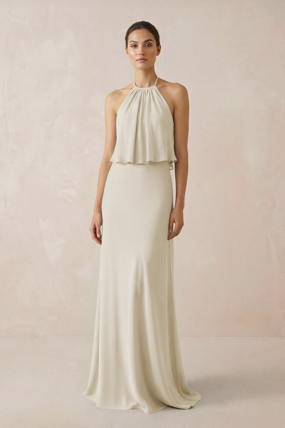 Halter Sheath Ruffled Chiffon Bridesmaid Dress in Dove Gray - KissProm Bridesmaid Dresses