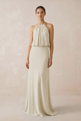 Halter Sheath Ruffled Chiffon Bridesmaid Dress in Dove Gray - KissProm Bridesmaid Dresses