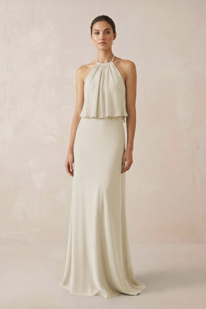 Halter Sheath Ruffled Chiffon Bridesmaid Dress in Dove Gray - KissProm Bridesmaid Dresses
