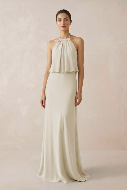 Halter Sheath Ruffled Chiffon Bridesmaid Dress in Dove Gray - KissProm Bridesmaid Dresses