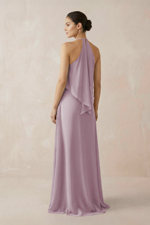 Halter Sheath Ruffled Chiffon Bridesmaid Dress in Dusk - KissProm Bridesmaid Dresses