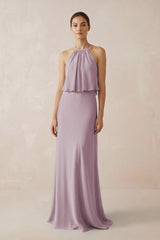 Halter Sheath Ruffled Chiffon Bridesmaid Dress in Dusk - KissProm Bridesmaid Dresses