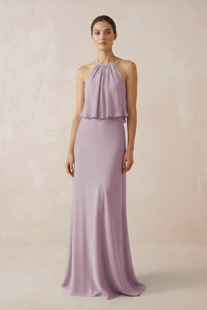 Halter Sheath Ruffled Chiffon Bridesmaid Dress in Dusk - KissProm Bridesmaid Dresses