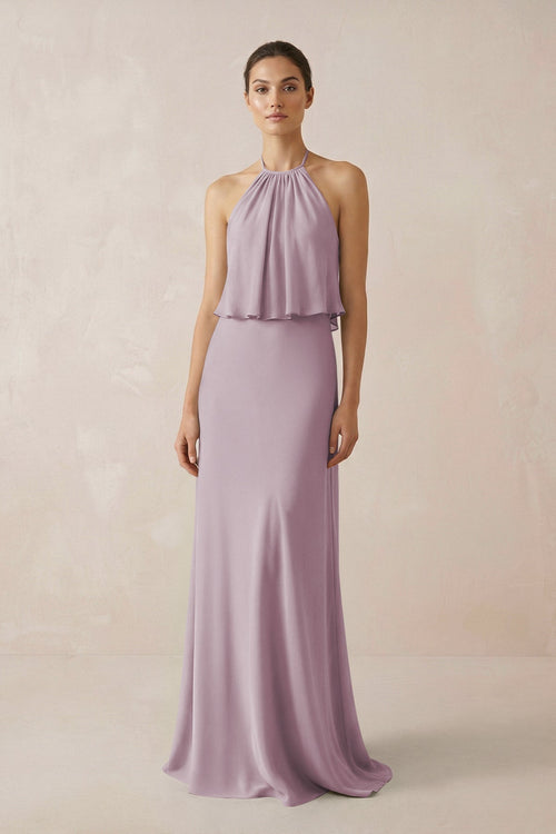 Halter Sheath Ruffled Chiffon Bridesmaid Dress in Dusk - KissProm Bridesmaid Dresses