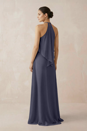 Halter Sheath Ruffled Chiffon Bridesmaid Dress in Dusk Blue - KissProm Bridesmaid Dresses