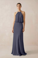 Halter Sheath Ruffled Chiffon Bridesmaid Dress in Dusk Blue - KissProm Bridesmaid Dresses