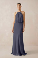 Halter Sheath Ruffled Chiffon Bridesmaid Dress in Dusk Blue - KissProm Bridesmaid Dresses