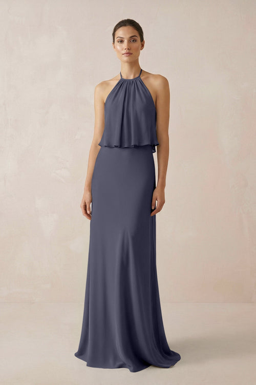 Halter Sheath Ruffled Chiffon Bridesmaid Dress in Dusk Blue - KissProm Bridesmaid Dresses