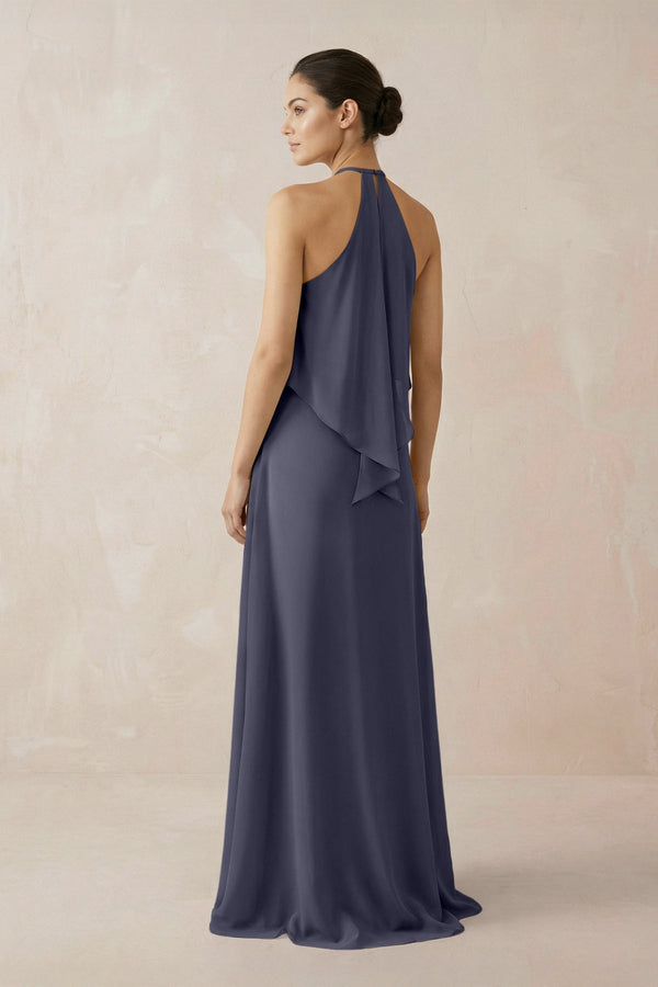 Halter Sheath Ruffled Chiffon Bridesmaid Dress in Dusk Blue - KissProm Bridesmaid Dresses