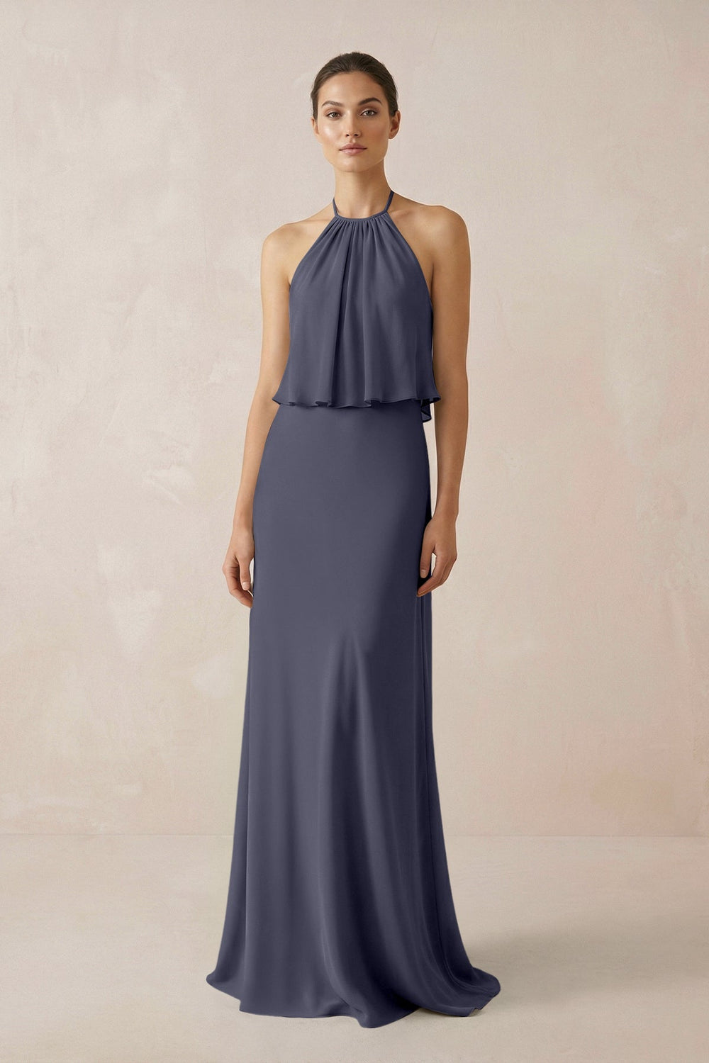 Halter Sheath Ruffled Chiffon Bridesmaid Dress in Dusk Blue - KissProm Bridesmaid Dresses