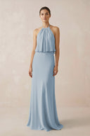 Halter Sheath Ruffled Chiffon Bridesmaid Dress in Dusty Blue - KissProm Bridesmaid Dresses