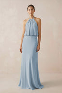Halter Sheath Ruffled Chiffon Bridesmaid Dress in Dusty Blue - KissProm Bridesmaid Dresses