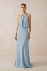 Halter Sheath Ruffled Chiffon Bridesmaid Dress in Dusty Blue - KissProm Bridesmaid Dresses