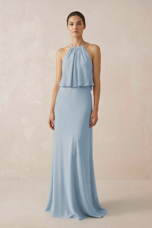 Halter Sheath Ruffled Chiffon Bridesmaid Dress in Dusty Blue - KissProm Bridesmaid Dresses
