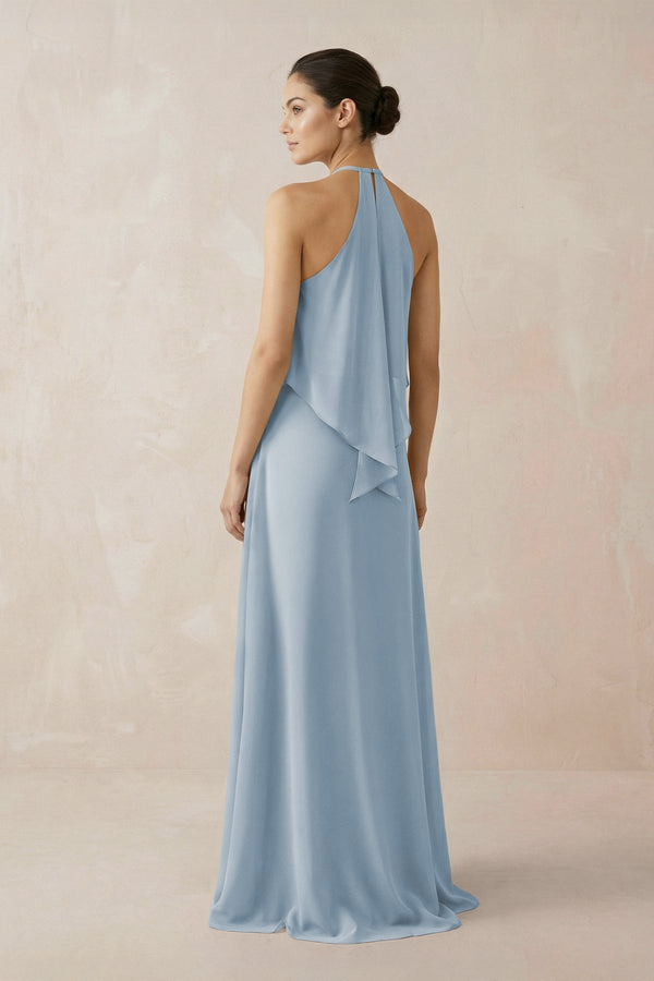Halter Sheath Ruffled Chiffon Bridesmaid Dress in Dusty Blue - KissProm Bridesmaid Dresses