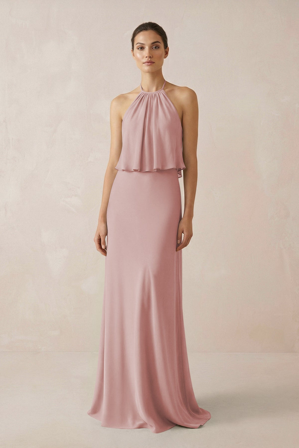 Halter Sheath Ruffled Chiffon Bridesmaid Dress in Dusty Rose - KissProm Bridesmaid Dresses