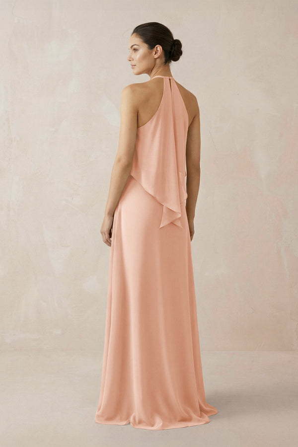 Halter Sheath Ruffled Chiffon Bridesmaid Dress in English Rose - KissProm Bridesmaid Dresses