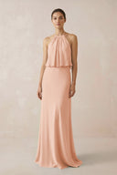 Halter Sheath Ruffled Chiffon Bridesmaid Dress in English Rose - KissProm Bridesmaid Dresses
