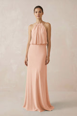 Halter Sheath Ruffled Chiffon Bridesmaid Dress in English Rose - KissProm Bridesmaid Dresses