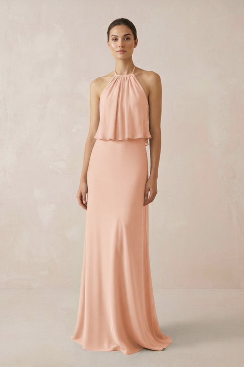 Halter Sheath Ruffled Chiffon Bridesmaid Dress in English Rose - KissProm Bridesmaid Dresses