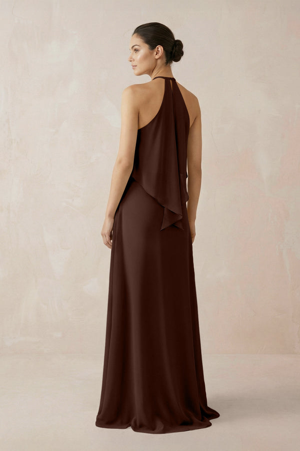 Halter Sheath Ruffled Chiffon Bridesmaid Dress in Espresso - KissProm Bridesmaid Dresses