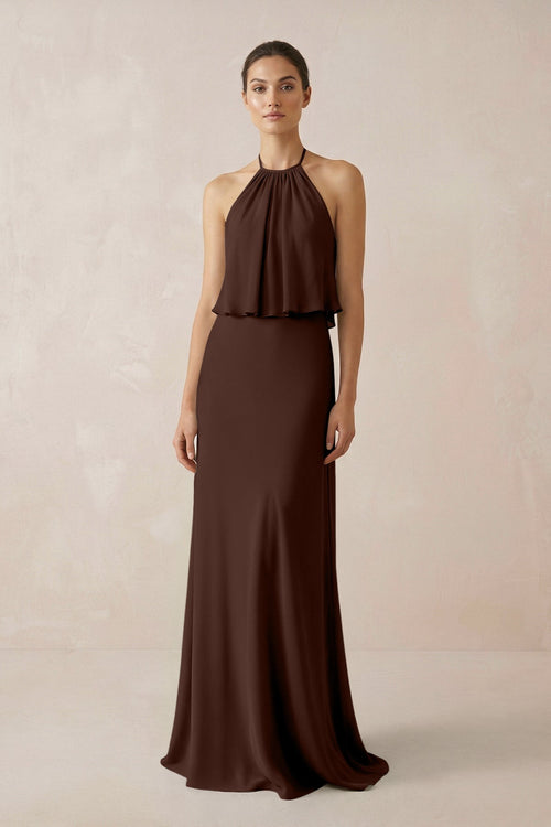 Halter Sheath Ruffled Chiffon Bridesmaid Dress in Espresso - KissProm Bridesmaid Dresses