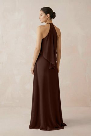 Halter Sheath Ruffled Chiffon Bridesmaid Dress in Espresso - KissProm Bridesmaid Dresses
